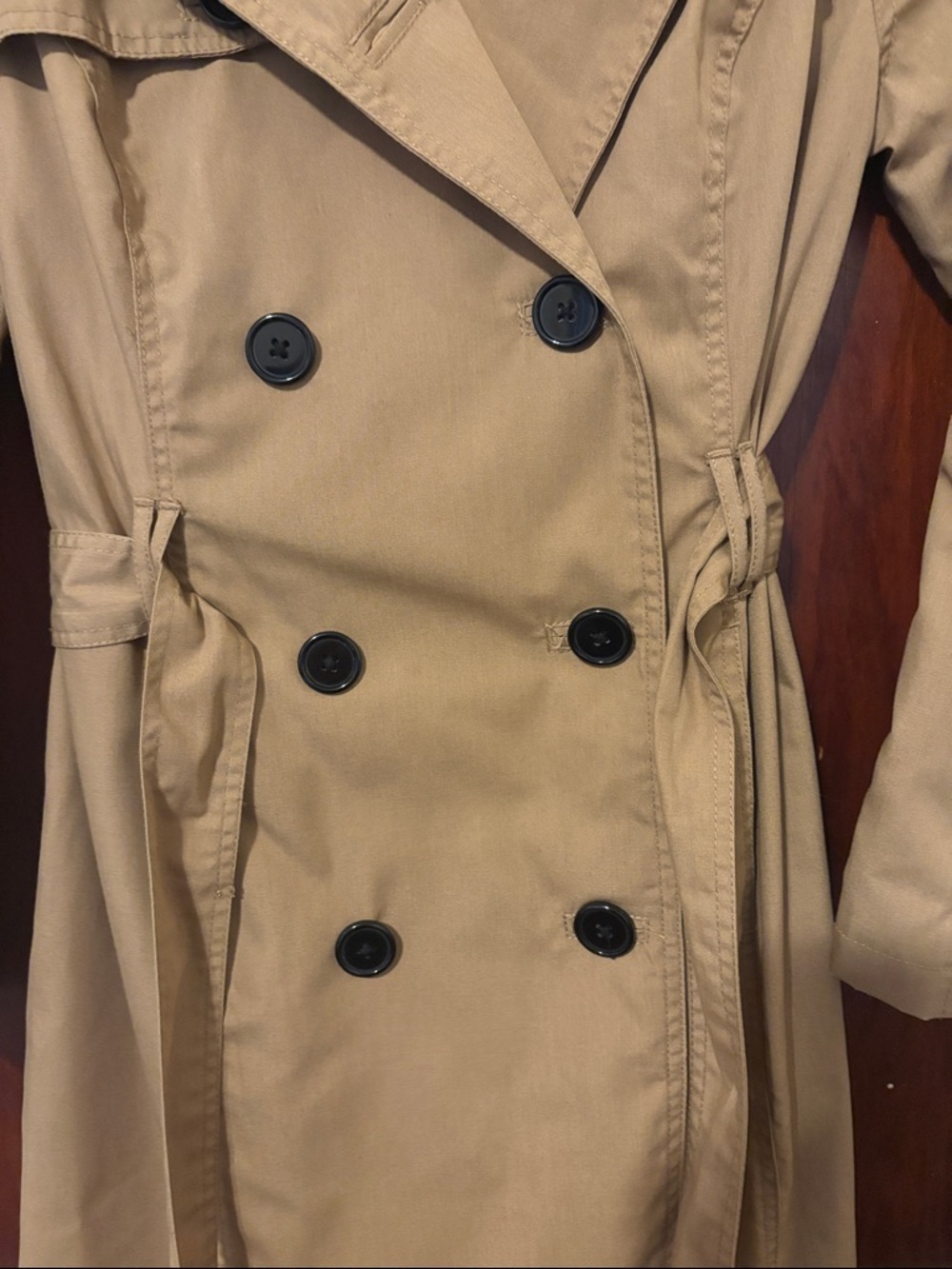 Merona Women's Khaki Double-Breasted Trench Coat with Waist Tie - Picture 3 of 10